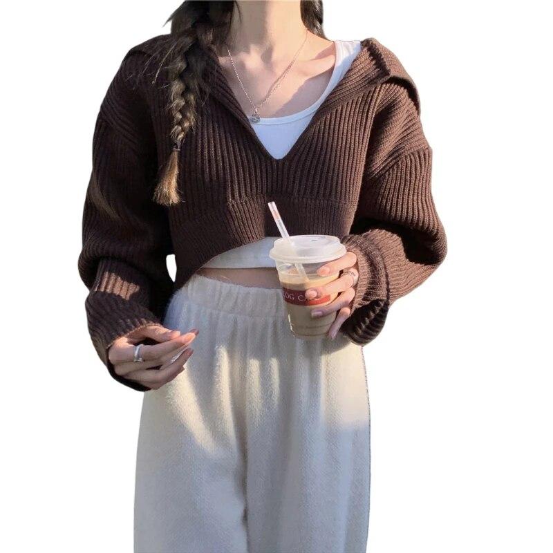 

Женский свободный вязаный свитер с v-образным вырезом и длинными рукавами, укороченный топ с капюшоном, осенне-зимняя одежда, вязаный пуловер One Size