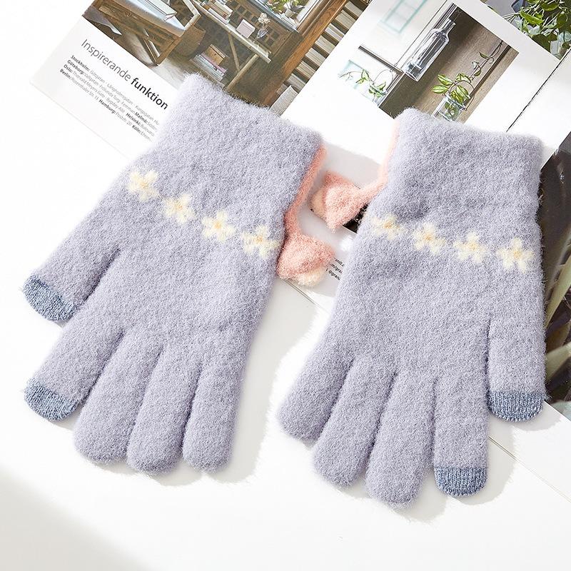 

Зима новые вязаные термоперчатки женские милые жаккардовые трехмерные кошачьи бархатные мультяшные с пятью пальцами One Size серый