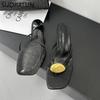 Fashion SUOJIALUN Summer New Brand Women Slipper Fashion Gold Metal Buckle Slip On Ladies Elegant Flip Flop Shoes Thin High Heel Slides