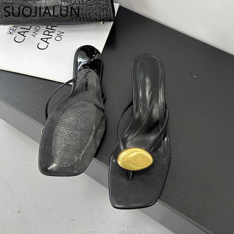 Fashion SUOJIALUN Summer New Brand Women Slipper Fashion Gold Metal Buckle Slip On Ladies Elegant Flip Flop Shoes Thin High Heel Slides