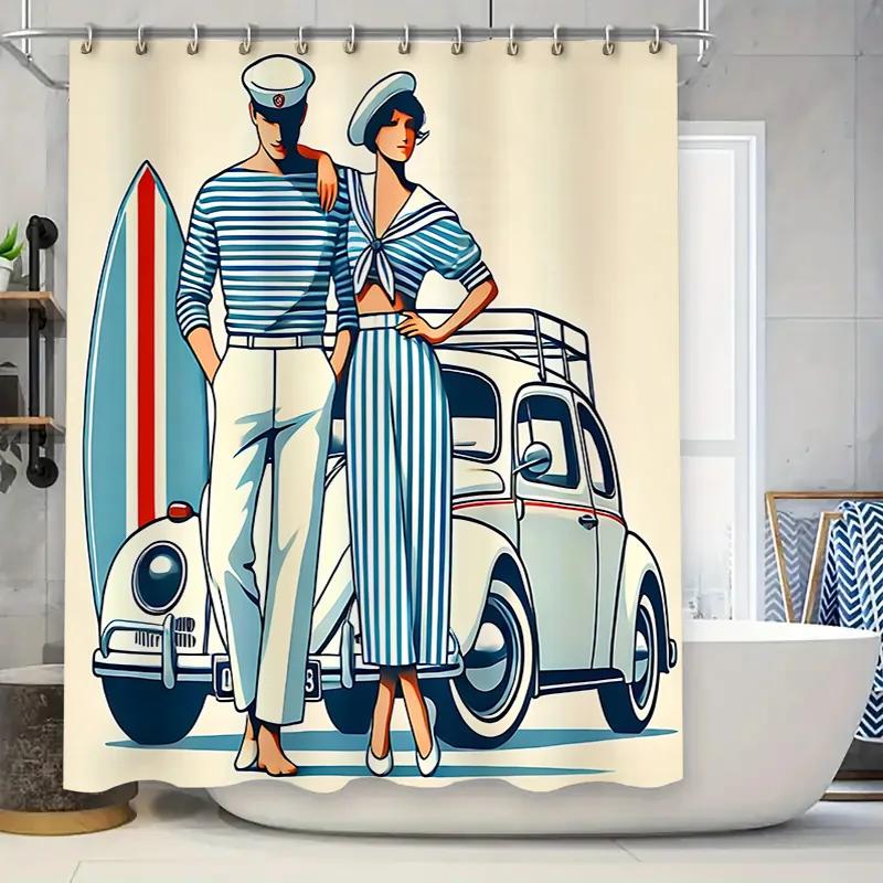

Vintage Style Shower Curtain With Blue And White Stripes Perfect For Beach Theme Bathroom Decor Waterproof Durable Easy-Clean W60H190(CM)-1 Pcs