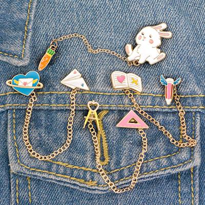 Women Cute Rabbit Carrot Heart Book Ruler Denim Jacket Collar Chain Brooch Pin