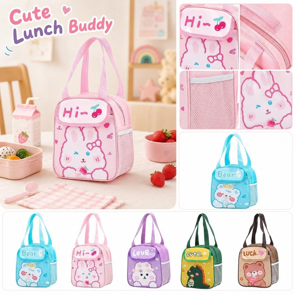 Insulated Lunch Bag Cartoon Design Portable Handheld Thermal Food Storage Cooler Bag for Work School Travel with Mesh Side Pocket and Zipper Closure