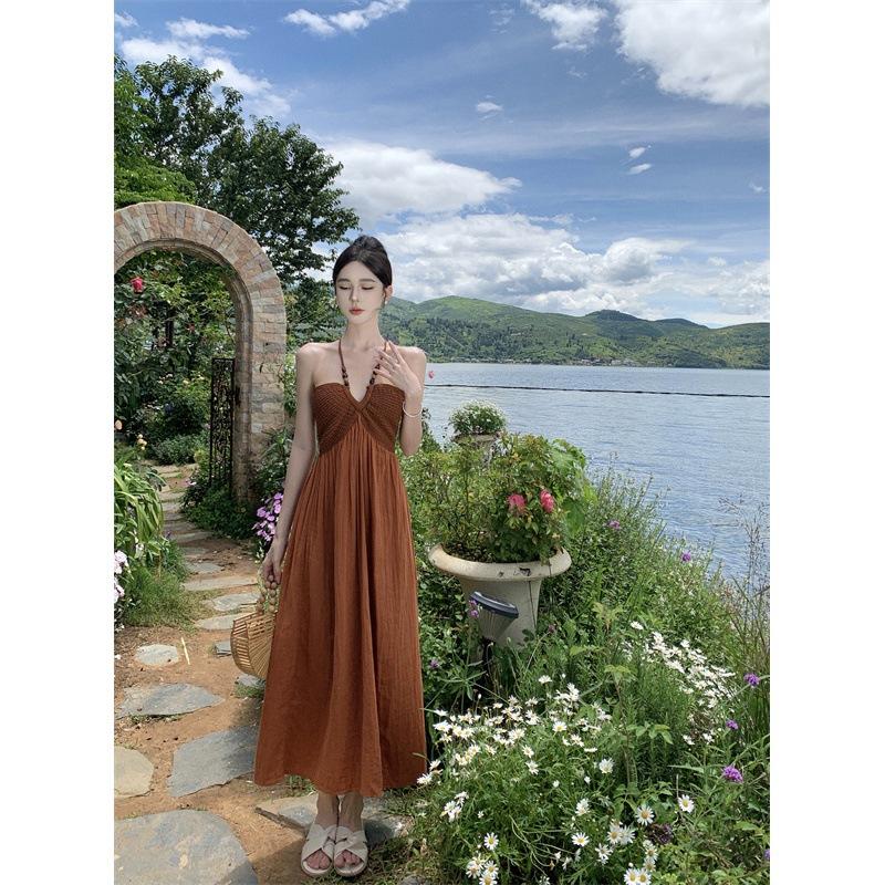 

Женские приморские праздничные платья с подвеской на шее без бретелек, расшитые бисером, лоскутные платья с бретельками на шее M