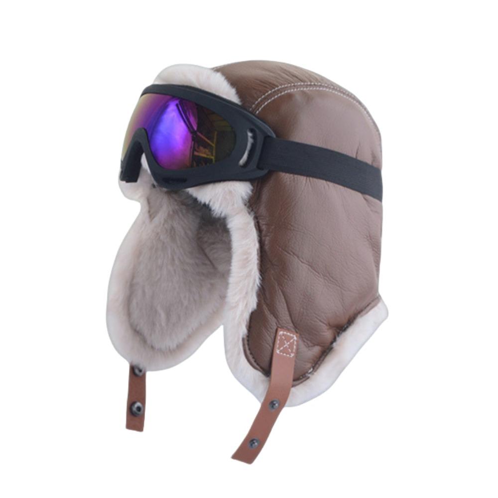 

PU Leather Ski Cap with Glasses Cute Kids Plush Pilot Hat Fashion Streetwear кофейный