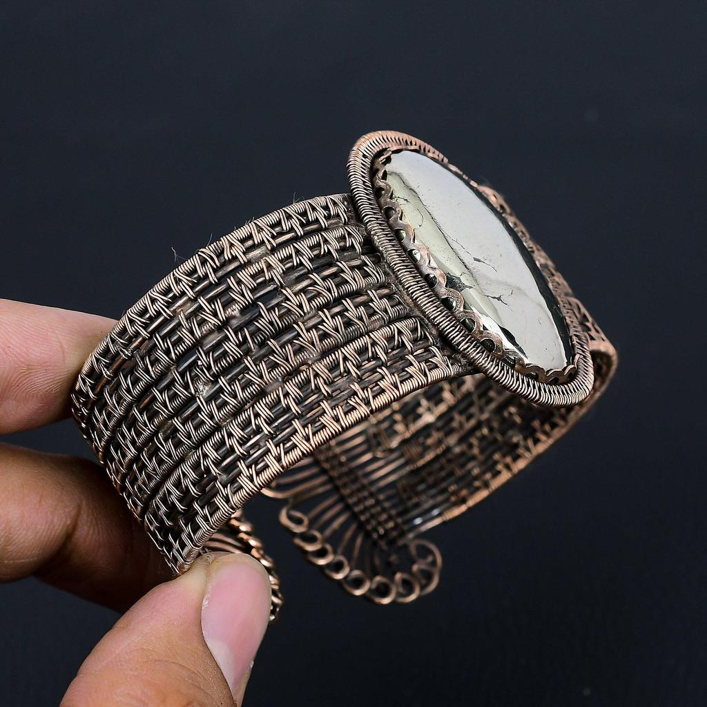 Aur Apache Pyrite Gemstone Pur Cupru Sârmă înfășurată manual Manșetă/Brățar Bijuterii reglabile