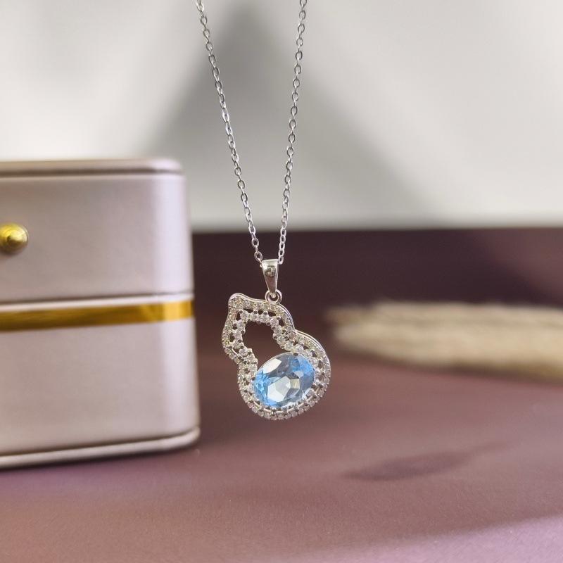 Women's S925 Sterling Silver Gourd Necklace Natural Crystal Topaz Garnet Clavicle Chain Jewelry Gift