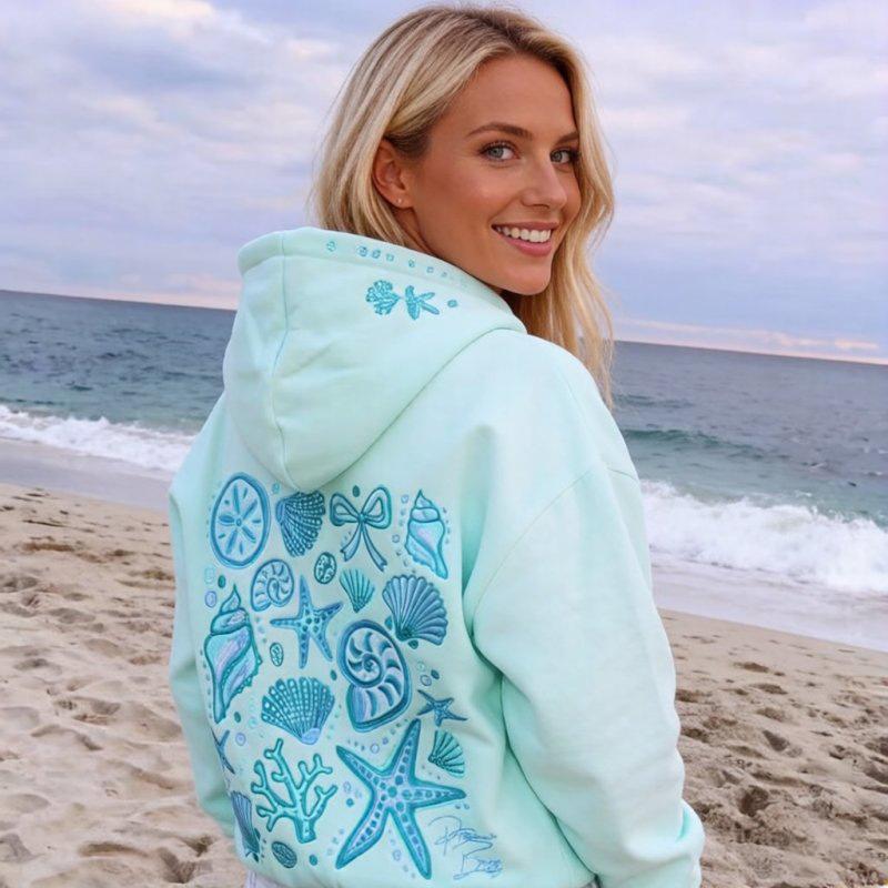 Women's Hooded Long Sleeve Hoodie Oversized Casual Sweatshirt Starfish Letter Embroidery Print Pocket Pullover Top