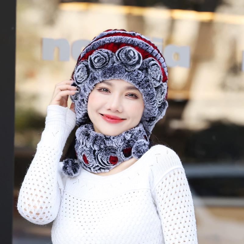 Rex Rabbit Hair Hat Scarf Two-piece Set Women's Winter In The Elderly Mother Grandma Winter Fur Scarf Cover