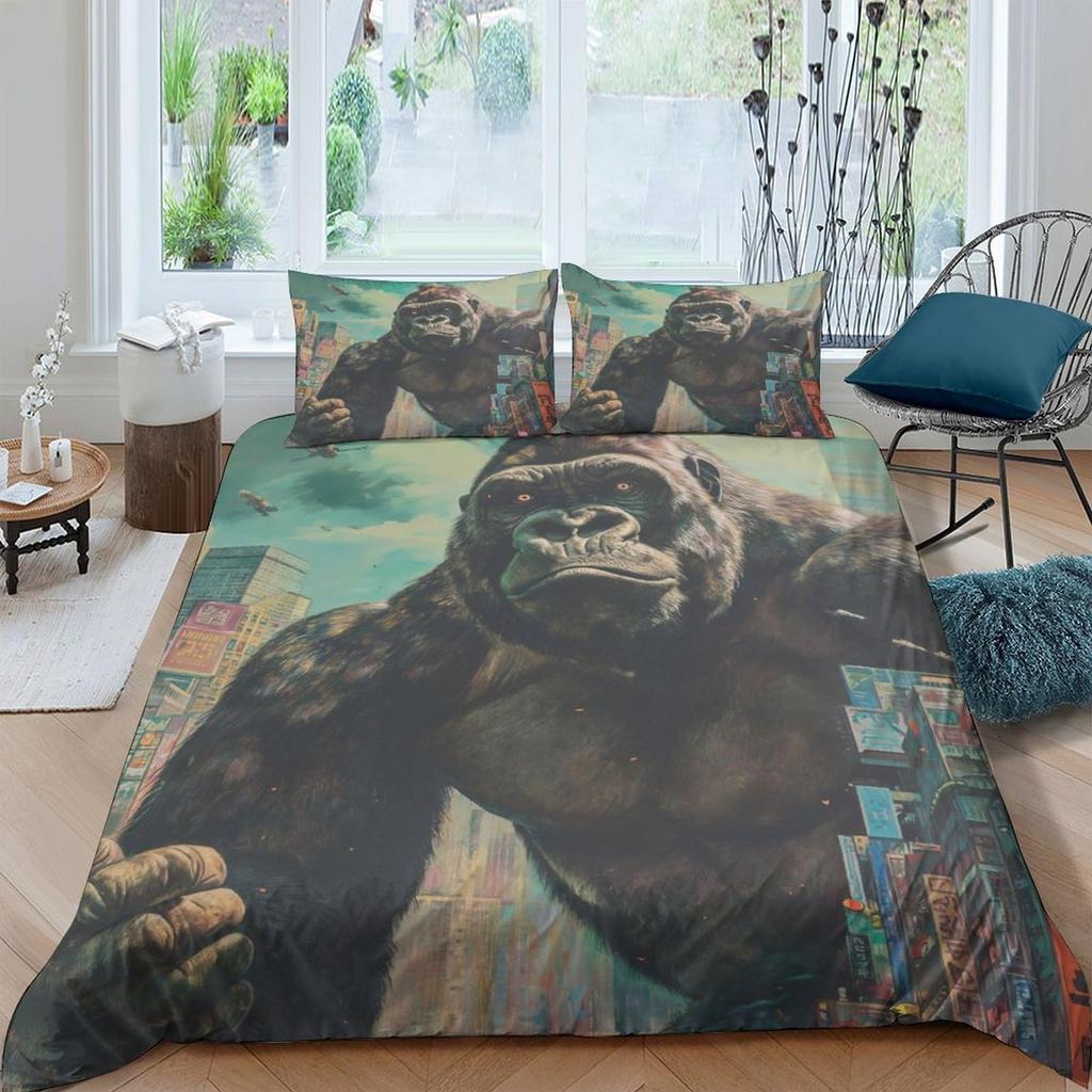 3D Gorilla Bettbezug Kopfhörer Gorilla Bettwäscheset Wildtiermuster Bettdeckenbezug Aquarell Blau Polyester Steppdeckenbezug