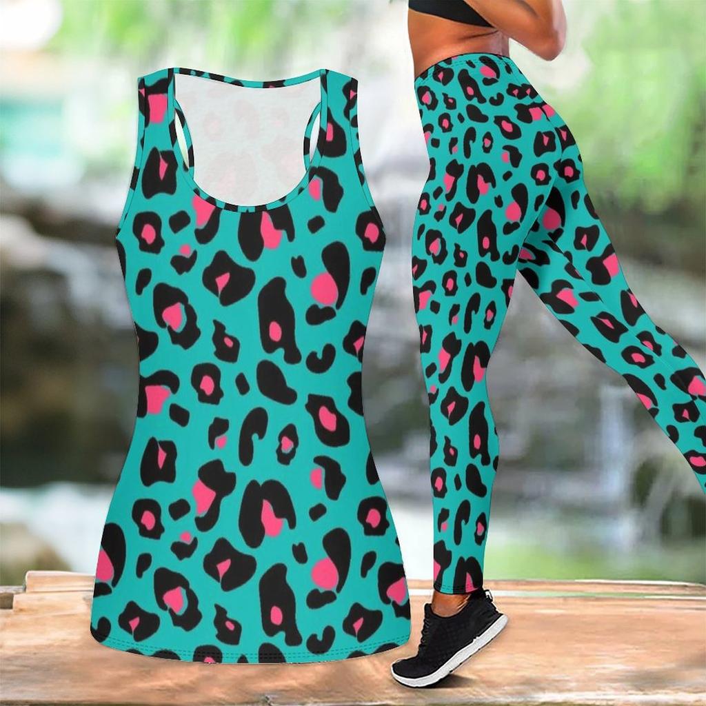 Leopard Print Yoga Outfit for Women Fashion Workout Leggings Fitness Sports Casual Yoga Set Sports Suit