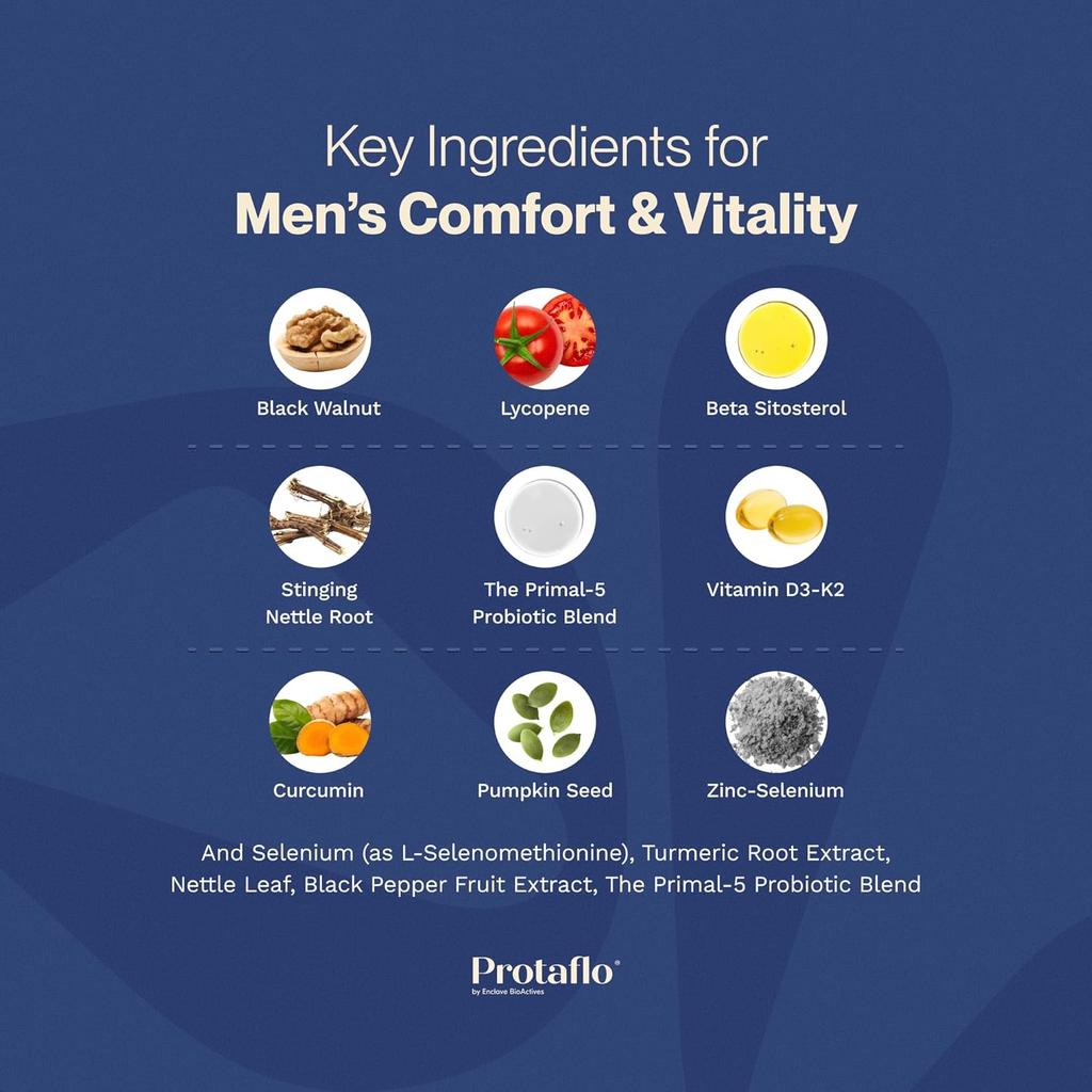 Prostate Supplements for Men - Supports Urinary Flow & Bladder Control | Probiotics + Black Walnut, Lycopene, Pumpkin Seed, Vitamin D3 & K2, 60 Caps