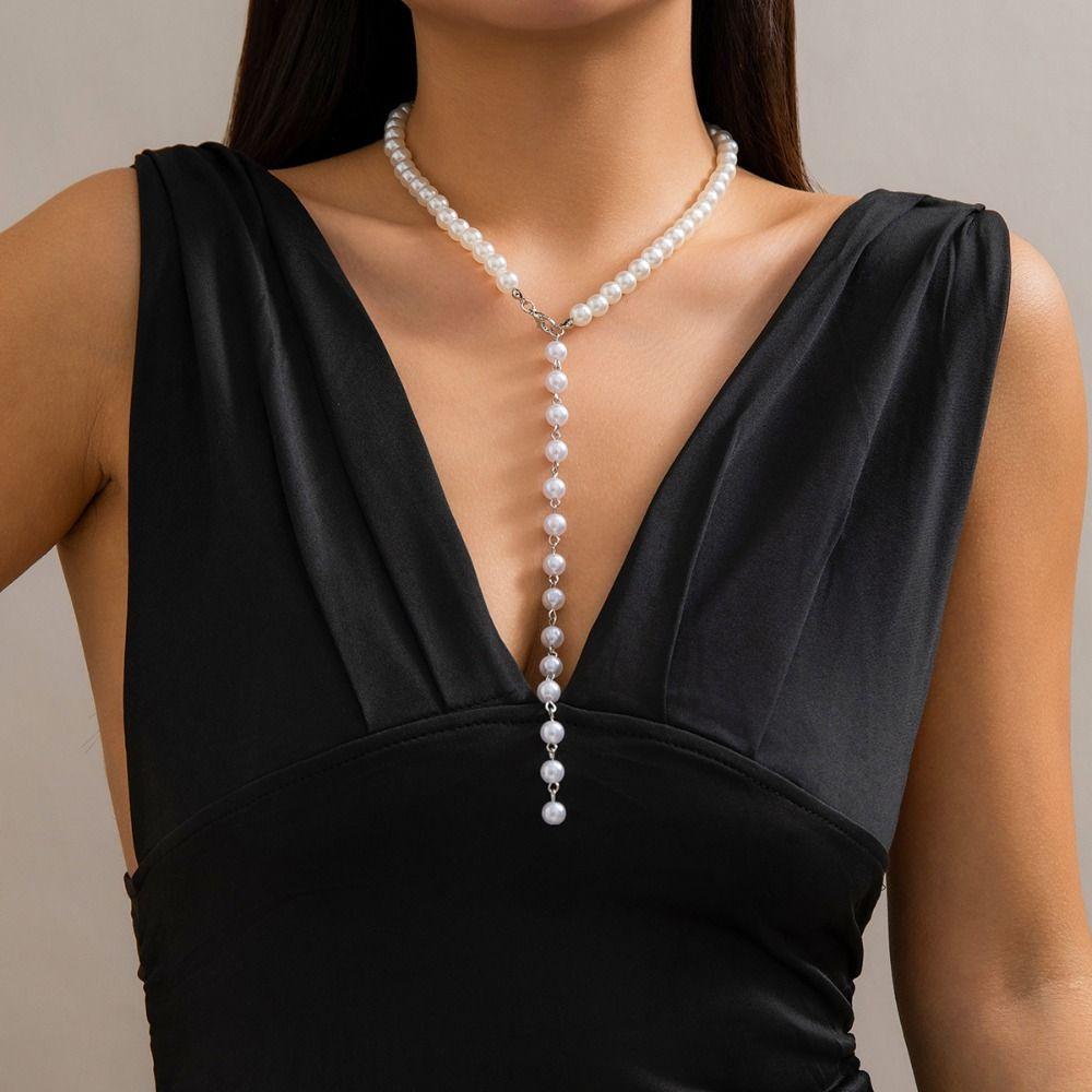 Bohemian Pearl Necklace Goth Y-Shaped Necklace Elegant Retro Clavicle Chain  Gift Idea