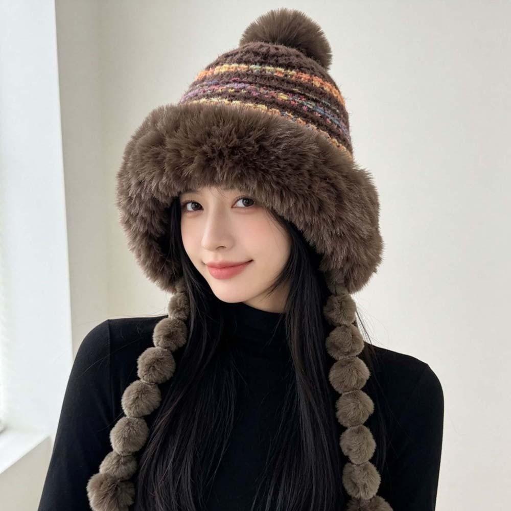 Fur Brim Pompom Braids Hat Striped Knit Earflap Winter Cap Fleece Knit Beanie Teens