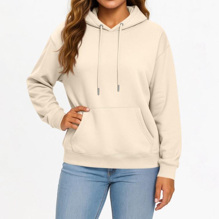 

Casual Solid Color Hooded Sweatshirt with Pockets Long Sleeve Pullover Top for Women and Men Adult Fashion S бежевый