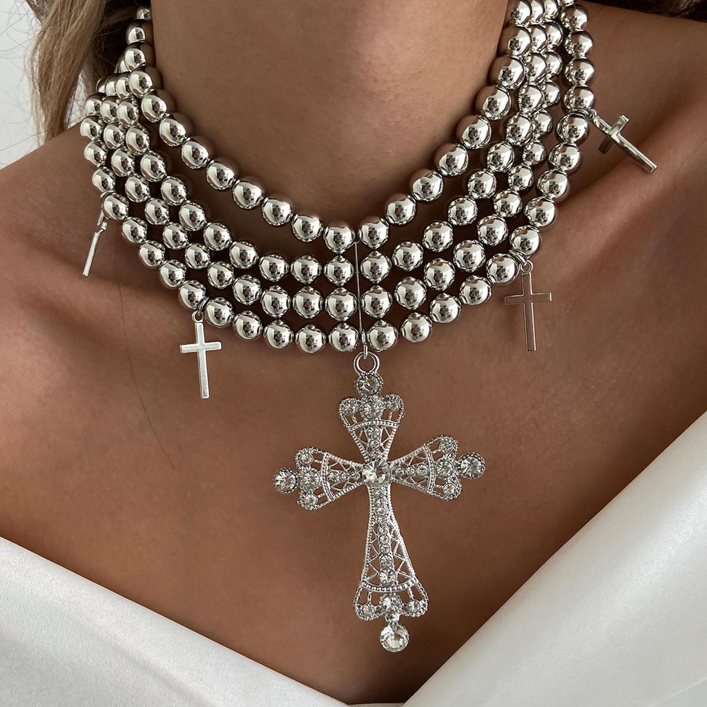 Cyberpunk Style Diamond-Encrusted Cross Necklace, Exaggerated Multi-Layer Ccb Round Beaded Beaded Necklace