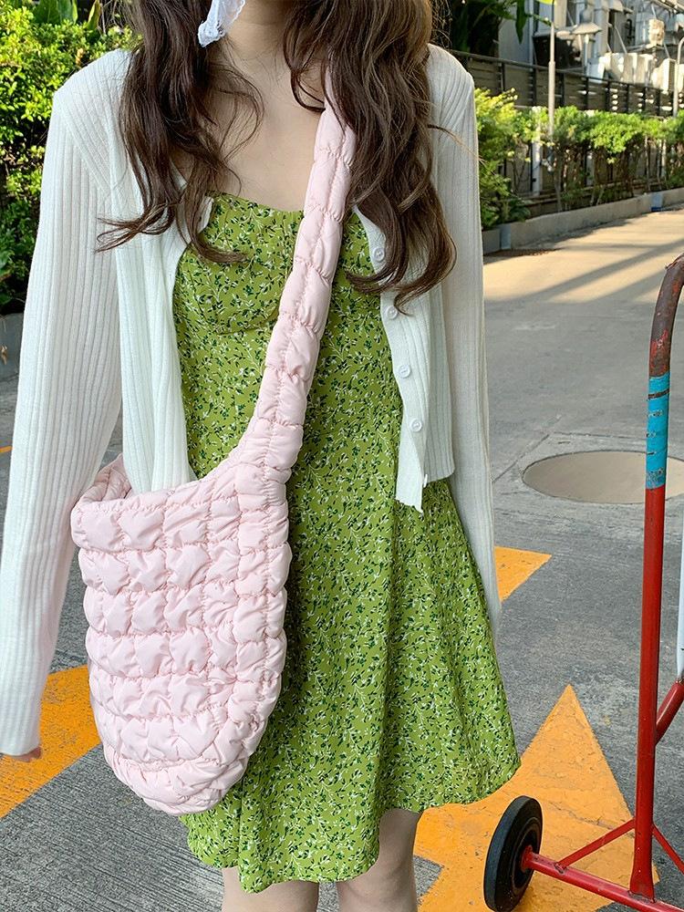 American Fresh Girl Shoulder Strap Green Printed Suspender Dress Women's Summer Waist Thin A-word Skirt Short Skirt