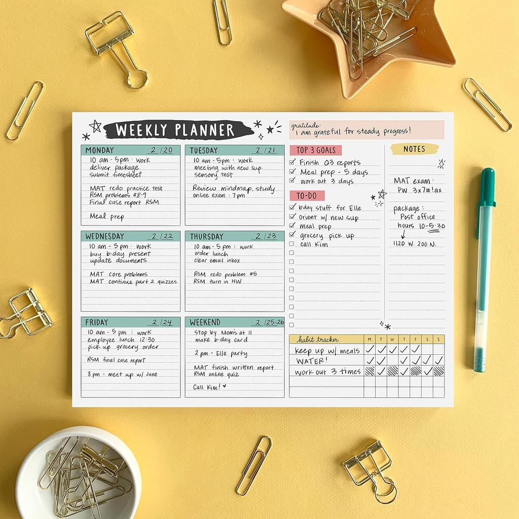 Weekly Planner Pad, 52 Letter Size Tear Off Sheets, 8.5” x 11” Undated Calendar Weekly Desk Planner Notepad, Daily Schedule Priorities To Do List