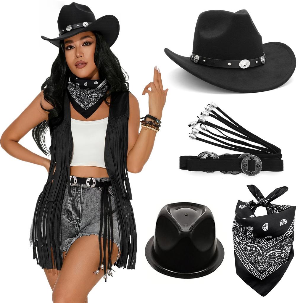 Women Bohemian Western Cowgirl Costume Set With Red Scarf Belt And For Themed Parties Halloween