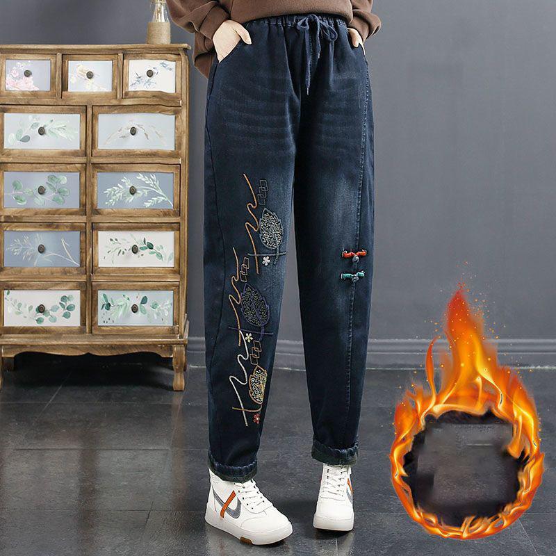 Jeansy z haftem Jeansy damskie Retro Literackie Aksamitne Wyściełane Wysokie Talie Damskie Ciepłe Luźne Codzienne Jeansy Jesień Plus Size