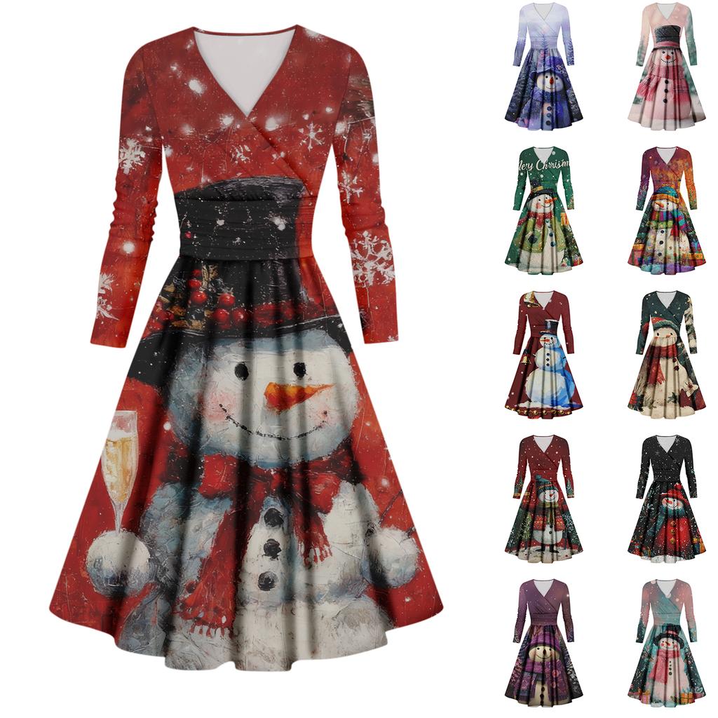 Ladies' Casual And Fashionable Christmas Tree Print Long Sleeved V-neck Sexy Pocket Dress