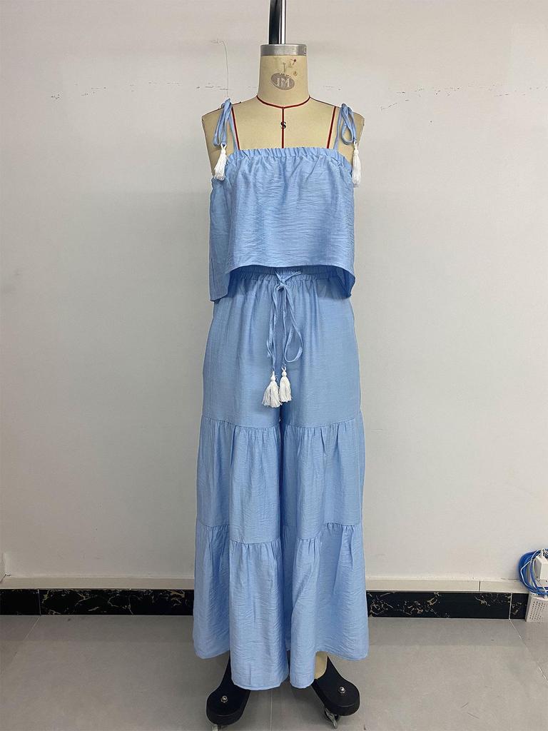 2026 European & American Resort Set: Textured Camisole Top & Wide-Leg Pants Two-Piece