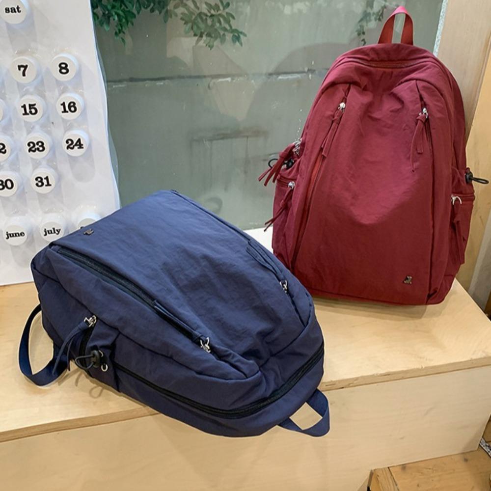 Casual Soft Nylon Backpack Large Capacity Lightweight Shoulder Bag Solid Color Travel Backpack