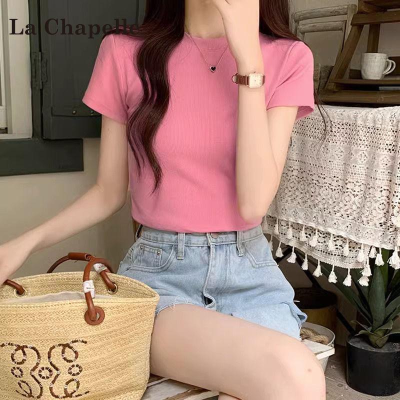 

Женская бордовая трикотажная эластичная футболка с коротким рукавом, облегающая фигуру - модный американский летний стиль Large