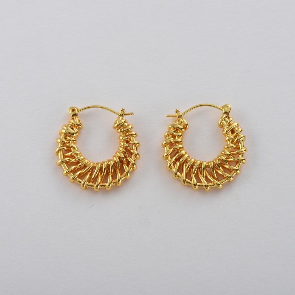 Wind Same Copper-Plated 18K Real Gold Woven Big Moon Hollow Ear Buckle Geometric C-Shaped Earrings Women