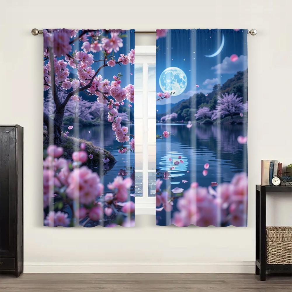 2pc, Curtains Cherry trees in the moonlight Blackout Polyester Festive Holiday for Multipurpose Various Event Decoration