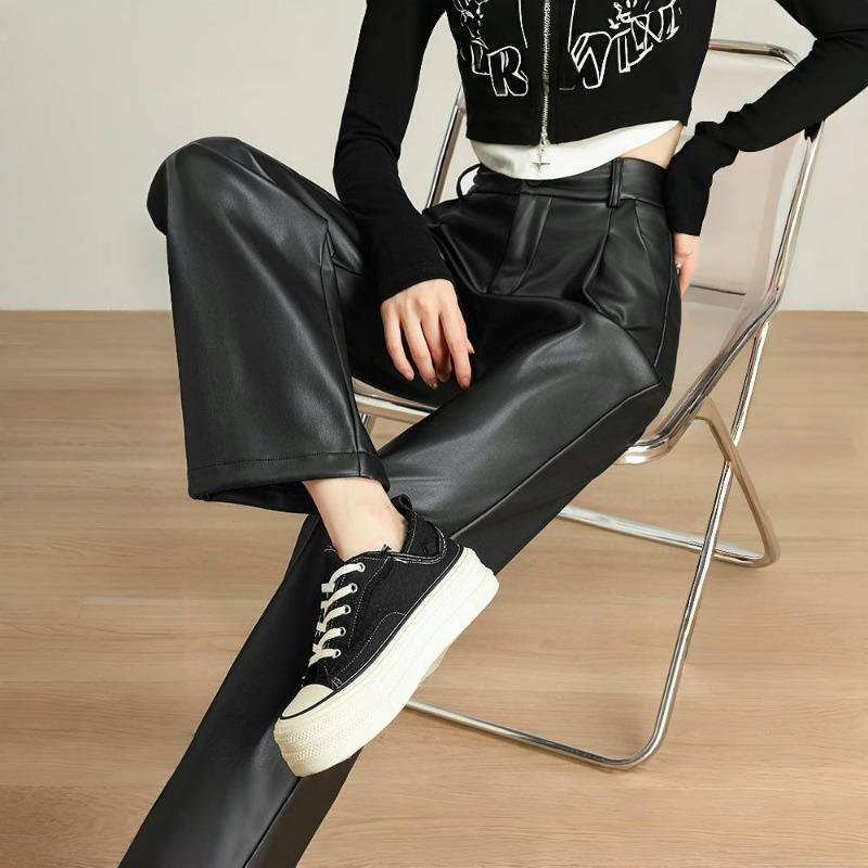 Autumn and winter 2026 new loose wide-leg leather pants women's straight and thin casual pants soft PU leather black high-waisted pants