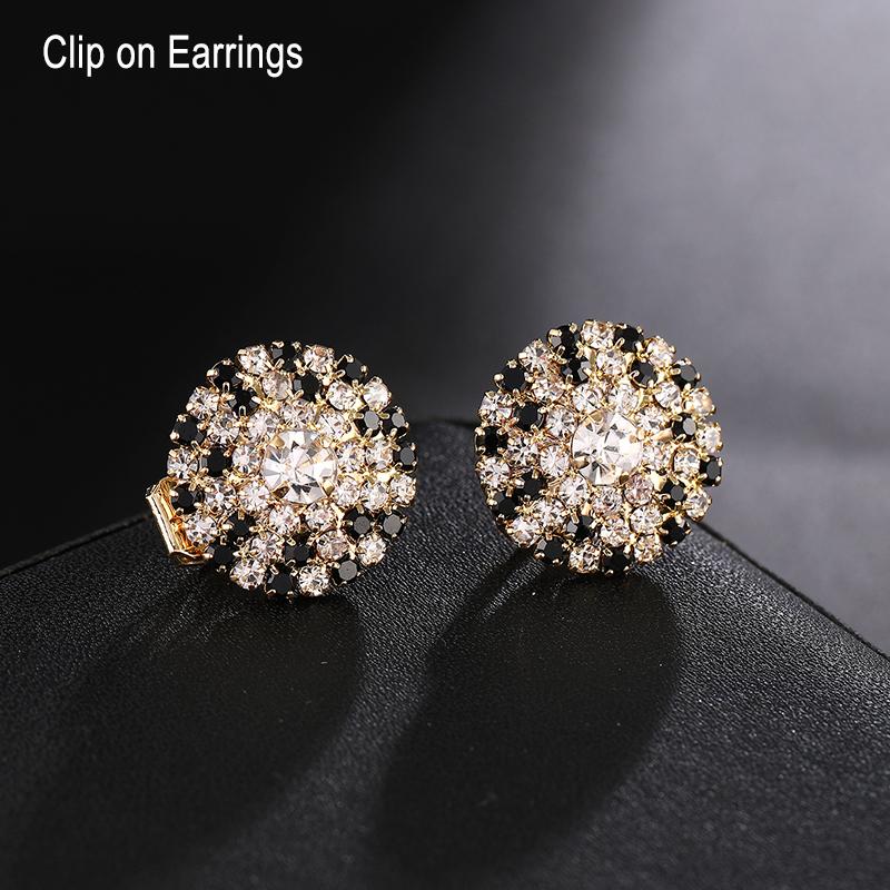 Fashion Black WhiteMixed Sparkle Rhinestone Clip on Earrings Round Gold Without Piercing Elegant Woman Wedding Jewelry Gift