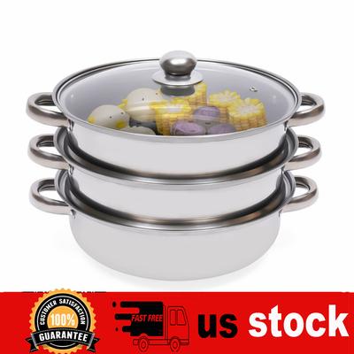 3 Tier 28cm Food Steamer Stainless Steel Vegetable Meat Cooker Food Steamer Kitchen Cookware with Glass Lid