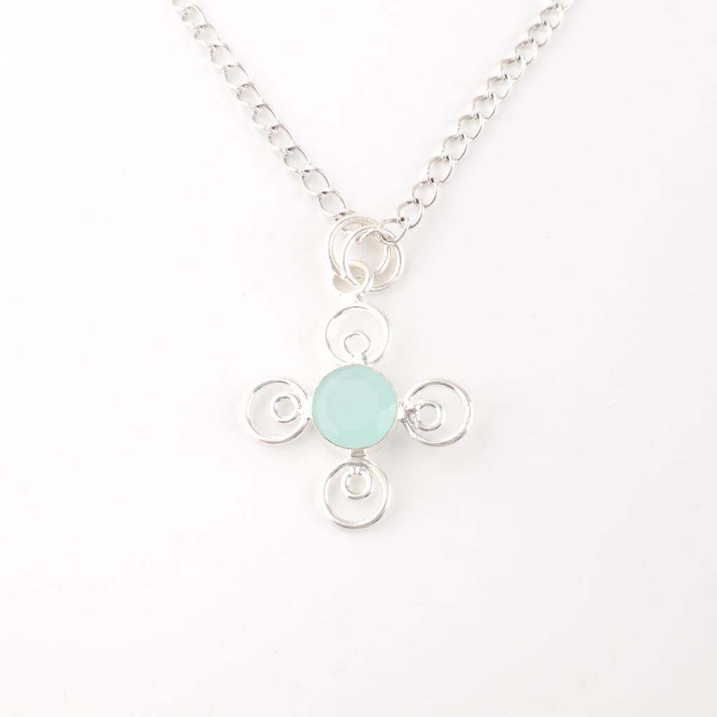 Aqua Chalcedony Gemstone 925 Sterling Silver Jewelry Handcrafted Boho Pendant PP-41-19