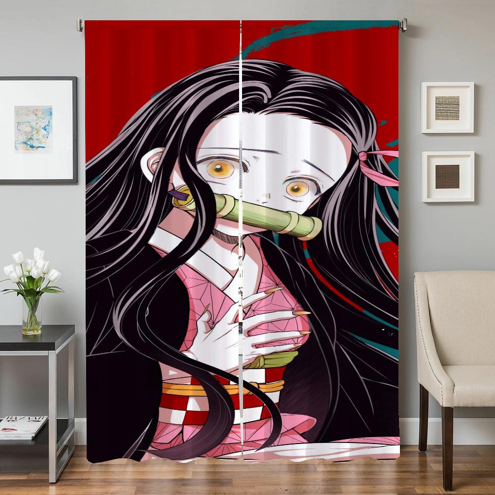 Window Kitchen Curtains for Living Room 2 Pieces Blackout Curtains Door Curtain D-demon S-slayer Bedroom Decoration Partition