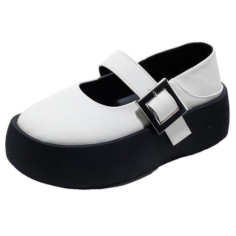 Fashion 2024 Spring and Autumn New Round Head Solid Color One Word Buckle with Thick Bottom Shallow Mouth Single Shoe for Women's