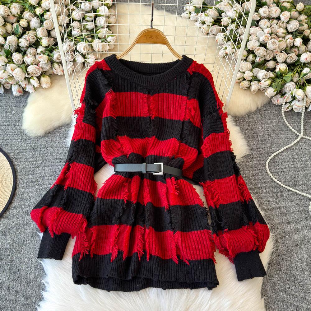 

Вязаный свитер с напуском, женский зимний, полосатый, с дырочками, свободный, с круглым вырезом красный