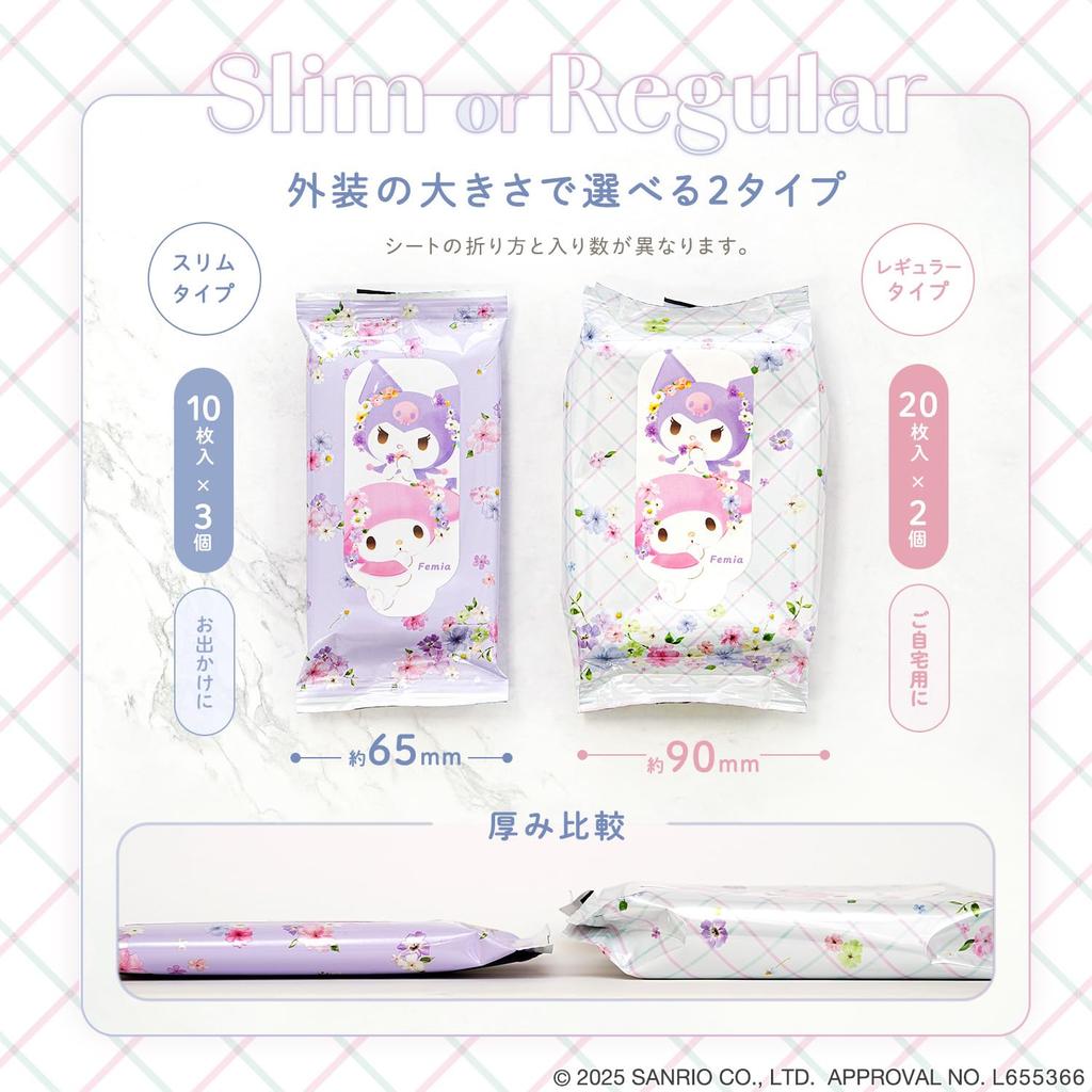 LEC Femia Flushable Delicate Wet 10 Sheets X 3 Packs Melody Chamomile Scent Wipes, (My & Kuromi),