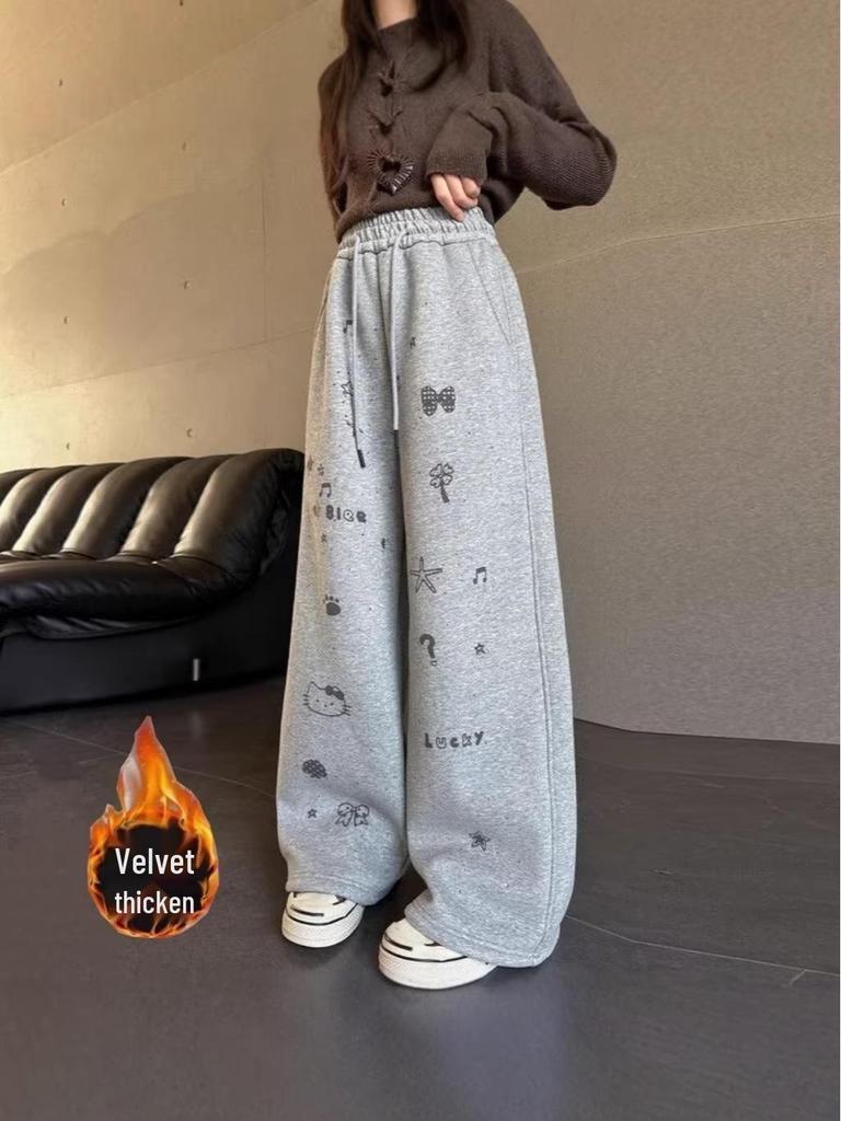 Girls' Black Velvet-Lined Sweatpants - Autumn/Winter 2025 Collection - Straight Leg Style for Older Children and Junior High Students