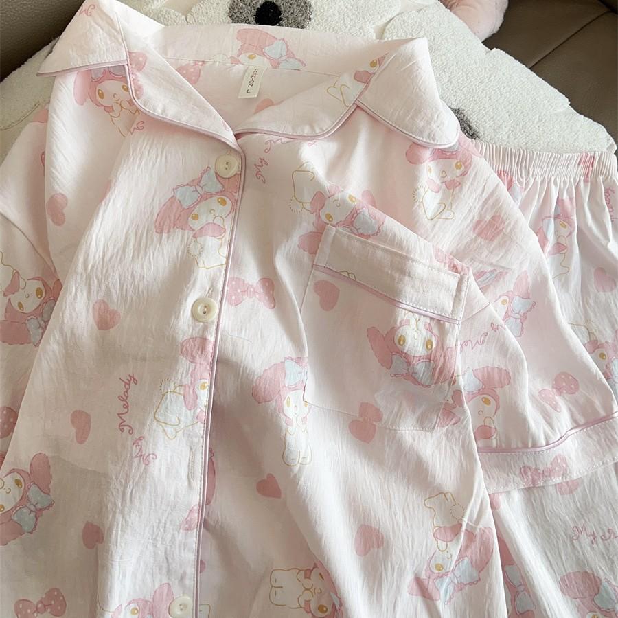 Pink Bow Melody Girls Pajamas Summer Short Sleeves Shorts Cardigan Set Students Can Wear Loungewear
