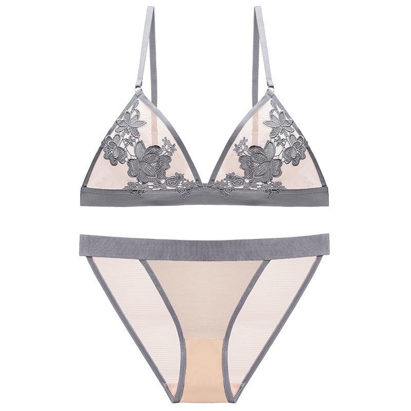 Lace Push-Up Bra Set Women Thin Triangle Cup Underwire-Free With Back Double Hook