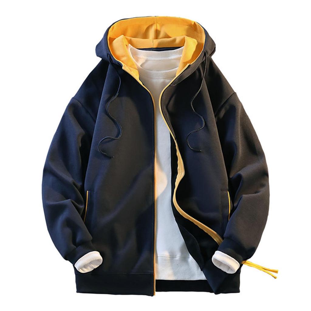 Mens Hoodies Color Zipper Cardigan Hoodie Loose Casual Long Sleeve Solid Color Sport Coat