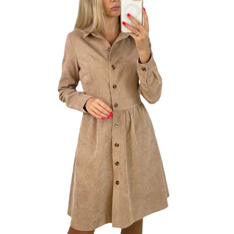 Spring Autumn Long Sleeved Corduroy Shirt Dress Single-breasted Loose Casual Shirt A-line Slim Fit Party Dresses Fashion Elegant Office Lapel Clothing