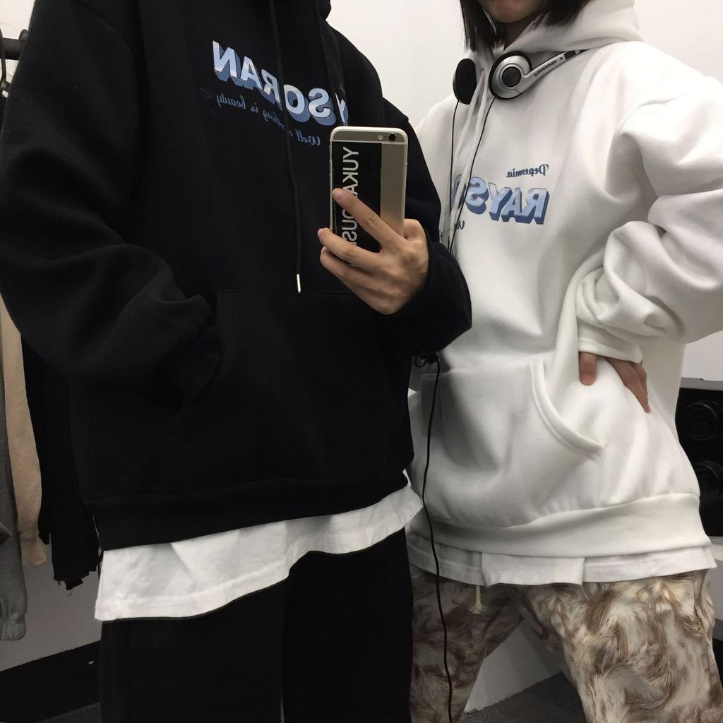 Ladies Letter Print Hooded Hoodie Women's Autumn Winter New Loose Oversize Plush Sweatshirt Pullover Tops for Couple Outfit