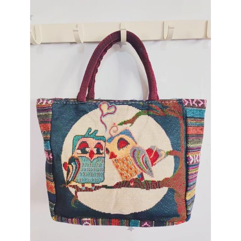 Canvas bag, women's large-capacity double-sided embroidered animal handbag, mommy bag, go shopping, handbag
