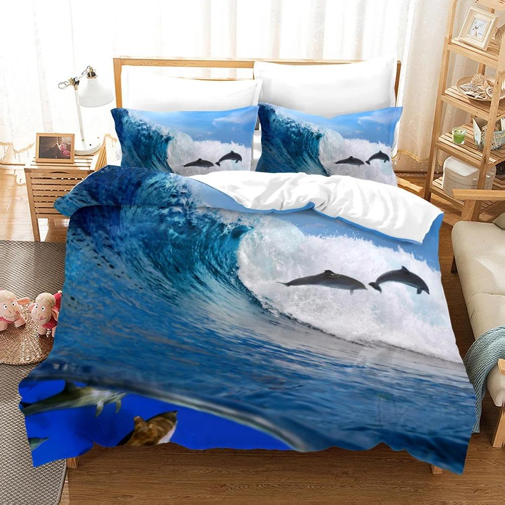 Dolphin Turtle Bedding Set 3D Print Quilt Cover 2/3 Pieces Bed Linen Sea Animals Scenery Comforter Set Kids Boys Duvet Cover Set