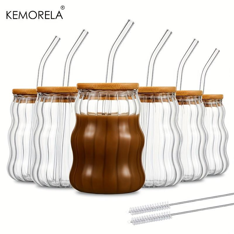 KEMORELA 4/6 Stück 550ml Neue Klare Glas Wolkenbecher Mit Bambus Holzdeckel Strohhalm Milch Frühstückstasse Eiskaffee Saft Trinkbecher