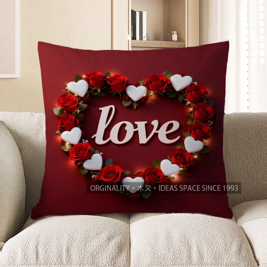 2D Heart-Shaped Love Roses Cushion Cover Pattern Cushion Cover Suitable For Sofa Bedroom Car Pillow Cover