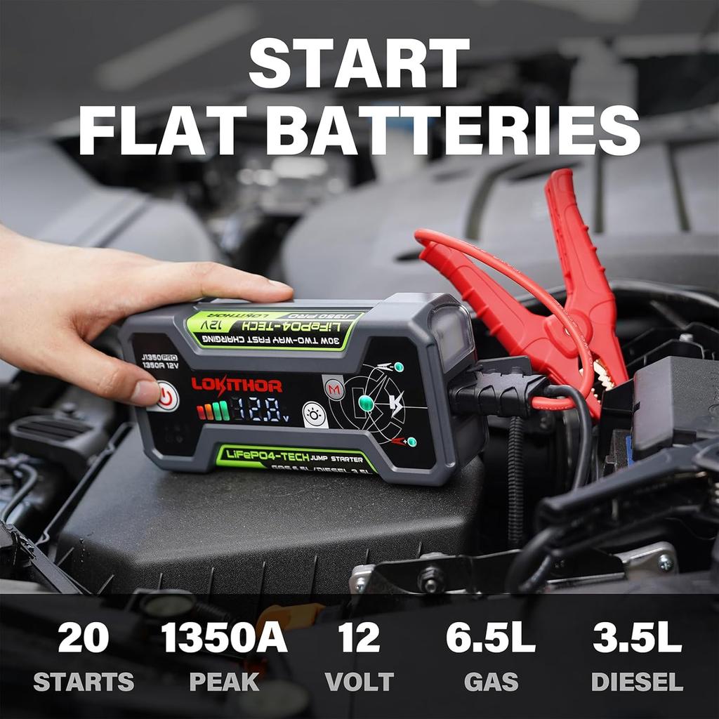 J1350 PRO LiFePO4 Jump Starter, 1350A, 6.5L Gas/3.5L Engine, Portable with 30W Fast Charging, 2000 Cycles