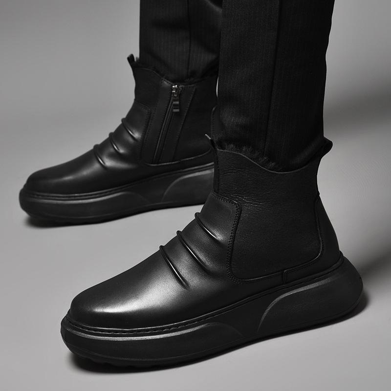 Men's High-Top Cowhide Leather Boots, Autumn/Winter British Style, Velvet-Lined, Warm Casual Flats